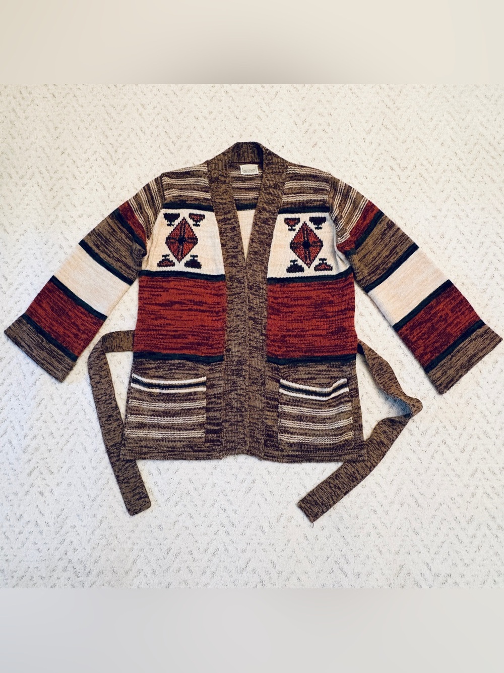 Vintage Southwestern Aztec Belted Cardigan Sweater Womens Medium Earthy Boho - Picture 6 of 12